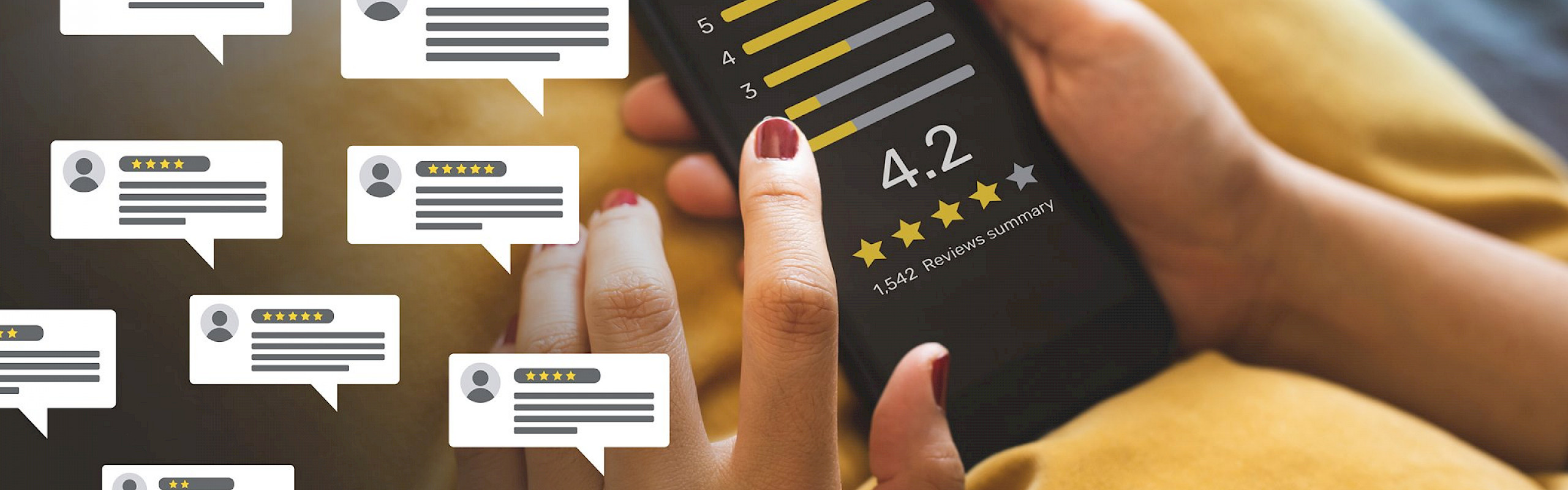 Photo of phone showing online review score.